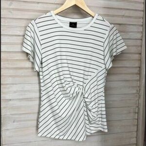 Worthington Women’s XS Black and White Striped Short Flounce Sleeve Blouse